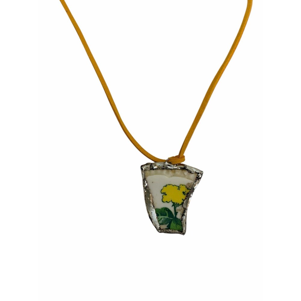 Handmade Silver Plated Broken China Flower Pendant Necklace | Yellow Floral Cera